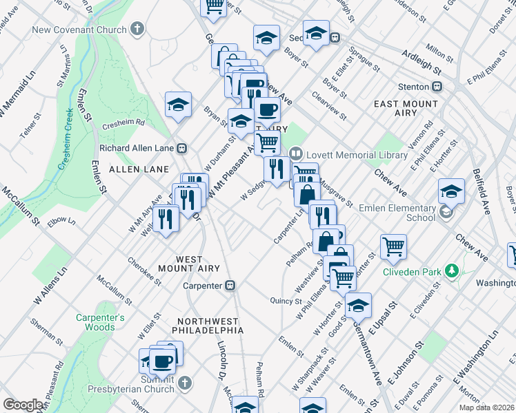 map of restaurants, bars, coffee shops, grocery stores, and more near 6917 Cresheim Road in Philadelphia
