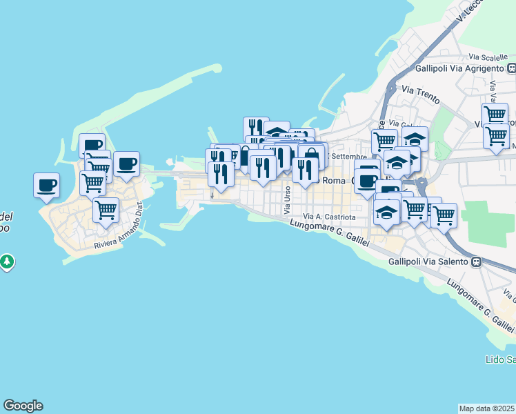 map of restaurants, bars, coffee shops, grocery stores, and more near 10 Via Castromediano in Gallipoli