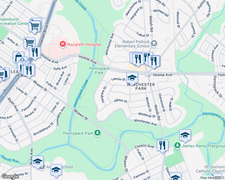map of restaurants, bars, coffee shops, grocery stores, and more near 8000 Colfax Street in Philadelphia