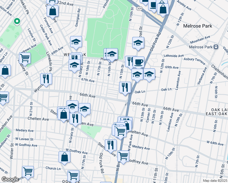 map of restaurants, bars, coffee shops, grocery stores, and more near 1516 Kinsdale Street in Philadelphia