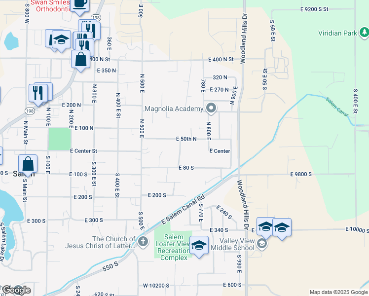 map of restaurants, bars, coffee shops, grocery stores, and more near 12 Shady Lane in Salem