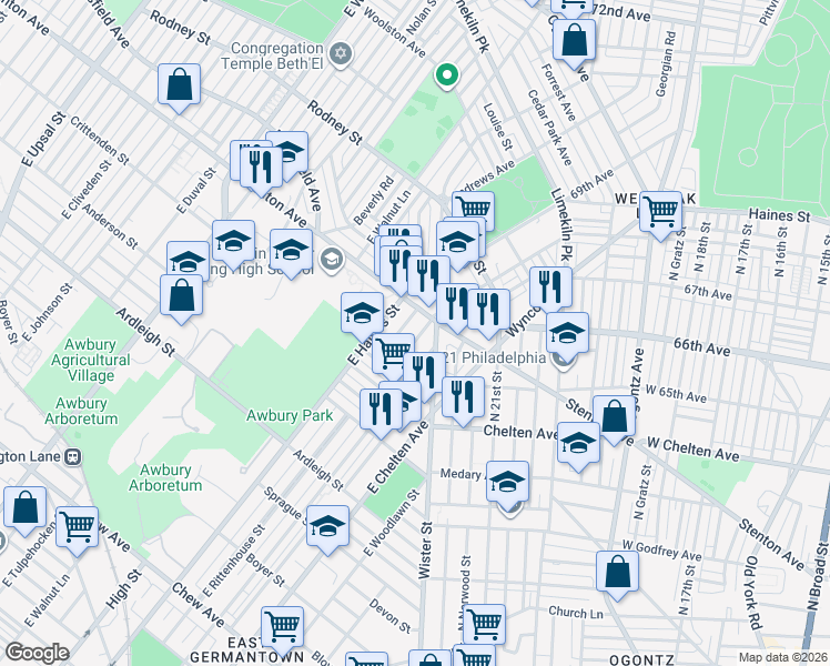 map of restaurants, bars, coffee shops, grocery stores, and more near 1338 Narragansett Street in Philadelphia