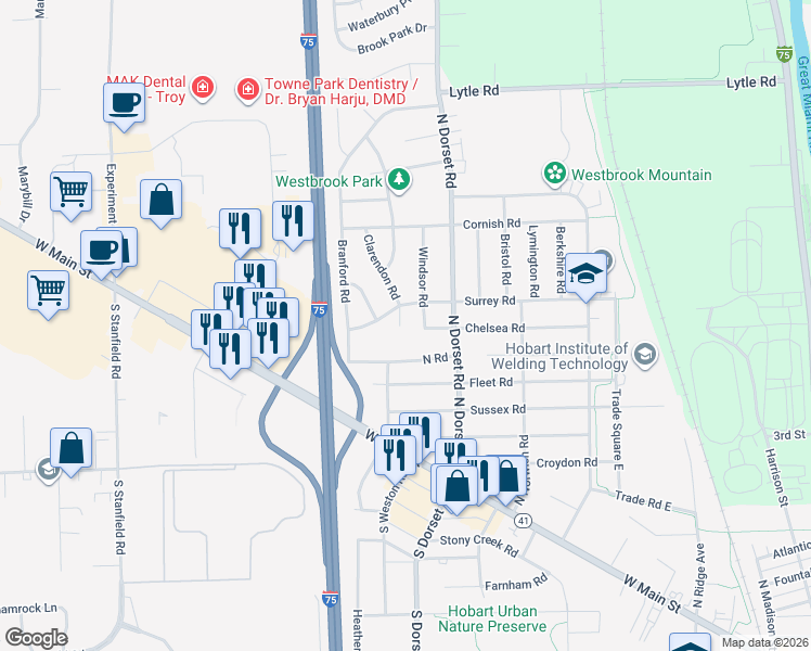 map of restaurants, bars, coffee shops, grocery stores, and more near 604 Clarendon Road in Troy