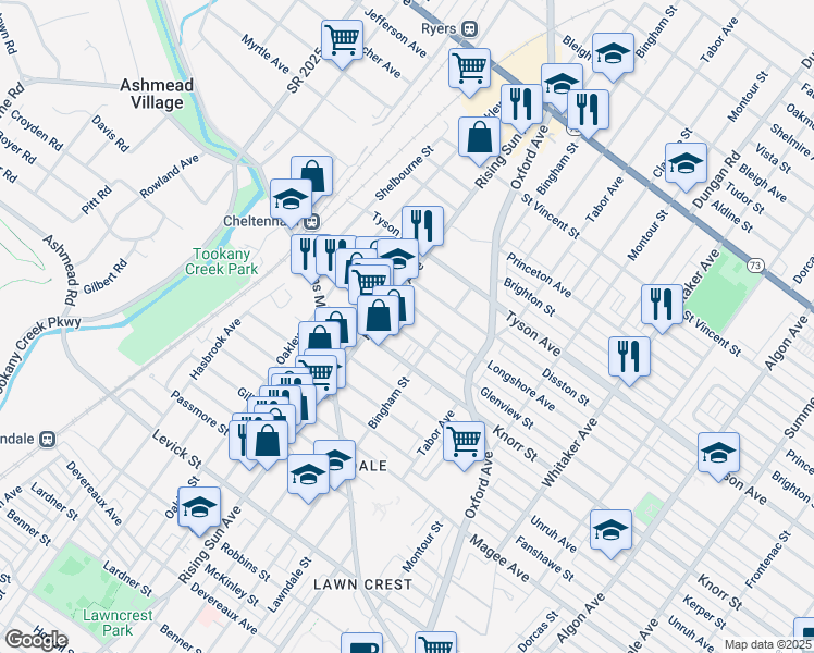 map of restaurants, bars, coffee shops, grocery stores, and more near 543 Glenview Street in Philadelphia