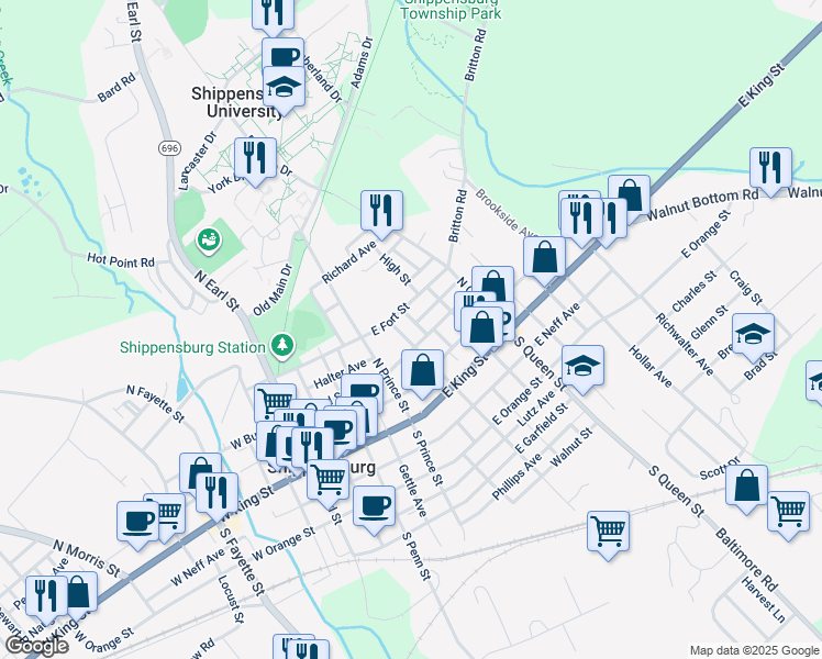 map of restaurants, bars, coffee shops, grocery stores, and more near 109 North Washington Street in Shippensburg