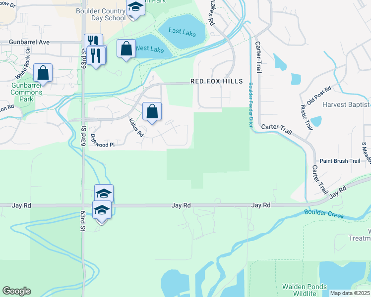map of restaurants, bars, coffee shops, grocery stores, and more near 4442 Sandpiper Circle in Boulder
