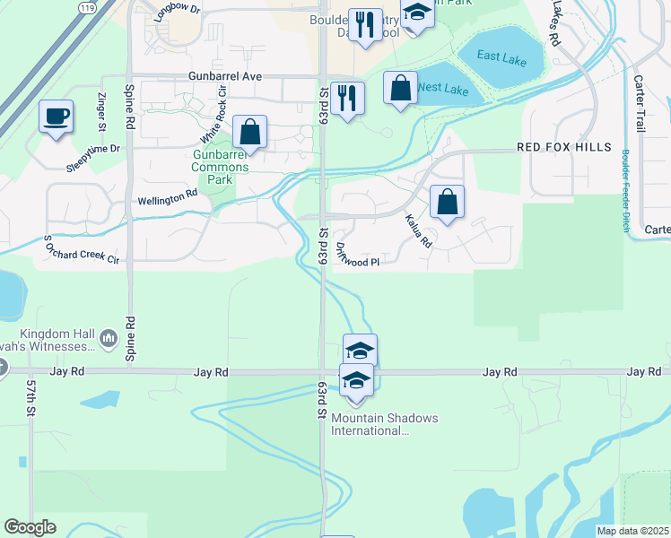 map of restaurants, bars, coffee shops, grocery stores, and more near 4471 Driftwood Place in Boulder