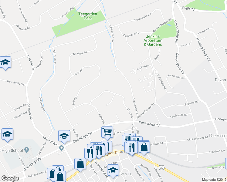 map of restaurants, bars, coffee shops, grocery stores, and more near 427 Margo Lane in Berwyn