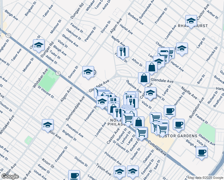 map of restaurants, bars, coffee shops, grocery stores, and more near 7349 Shisler Street in Philadelphia