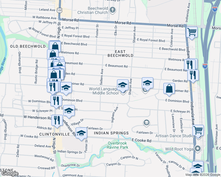 map of restaurants, bars, coffee shops, grocery stores, and more near 315 East Weisheimer Road in Columbus