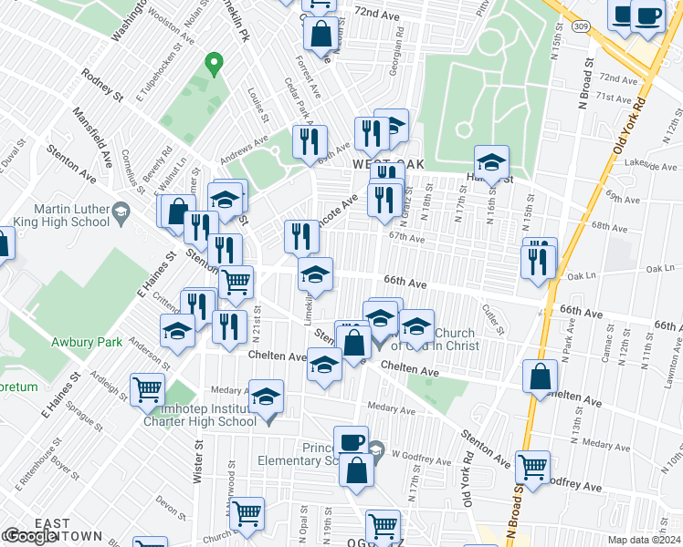 map of restaurants, bars, coffee shops, grocery stores, and more near North 20th Street in Philadelphia