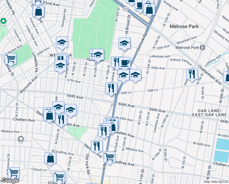 map of restaurants, bars, coffee shops, grocery stores, and more near 6633 Pennsylvania 611 in Philadelphia