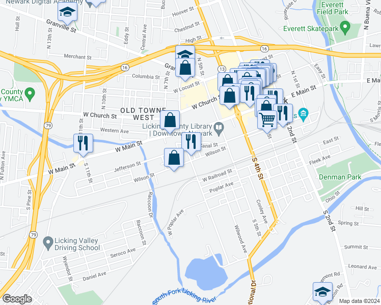 map of restaurants, bars, coffee shops, grocery stores, and more near 36 South 6th Street in Newark