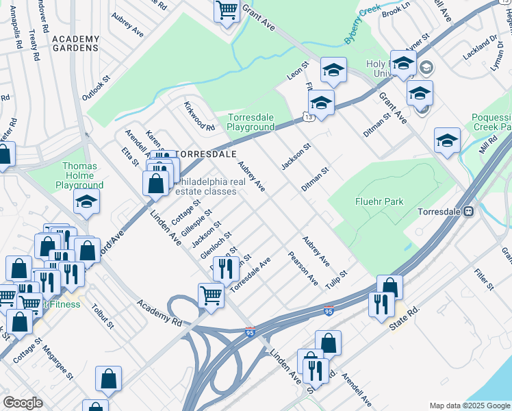 map of restaurants, bars, coffee shops, grocery stores, and more near 4513 Pearson Ave in Philadelphia