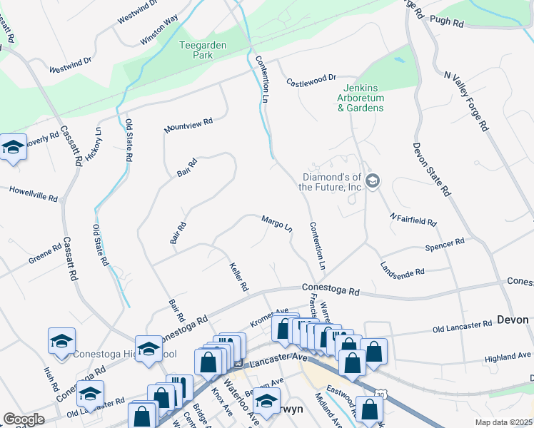 map of restaurants, bars, coffee shops, grocery stores, and more near 427 Margo Lane in Berwyn