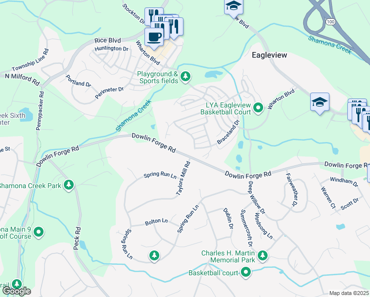map of restaurants, bars, coffee shops, grocery stores, and more near 631 Dowlin Forge Road in Downingtown