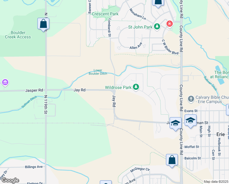 map of restaurants, bars, coffee shops, grocery stores, and more near 12015 Jay Road in Erie
