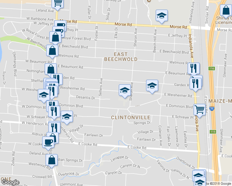 map of restaurants, bars, coffee shops, grocery stores, and more near 315 East Weisheimer Road in Columbus