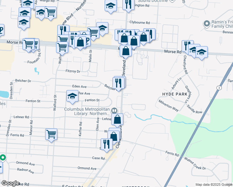 map of restaurants, bars, coffee shops, grocery stores, and more near 2373 Belcher Drive in Columbus