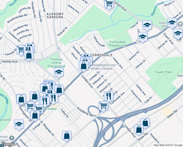 map of restaurants, bars, coffee shops, grocery stores, and more near 9235 Walker Street in Philadelphia