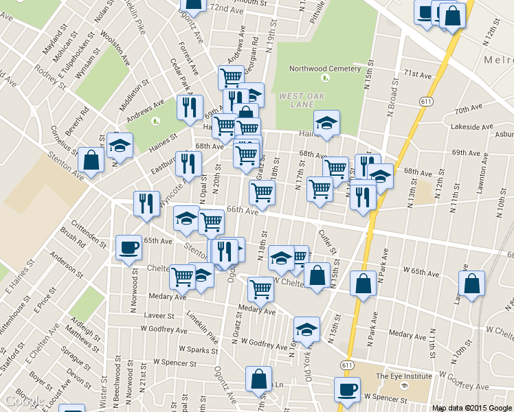 map of restaurants, bars, coffee shops, grocery stores, and more near 6609 N Gratz St in Philadelphia