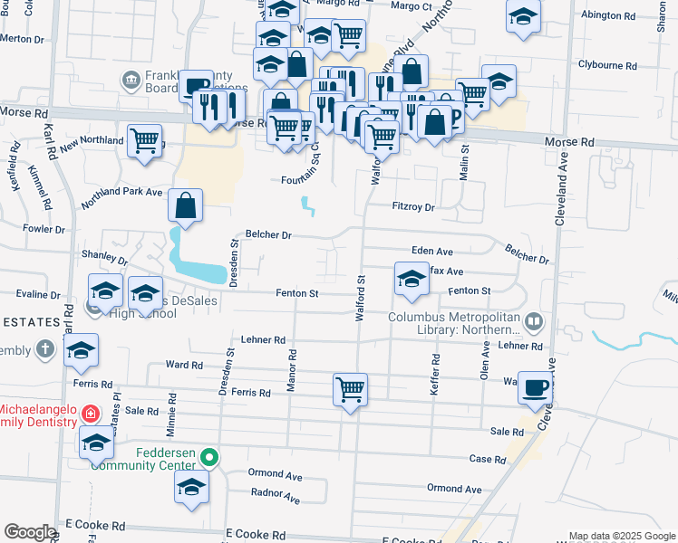 map of restaurants, bars, coffee shops, grocery stores, and more near 4326 Belcher Court in Columbus