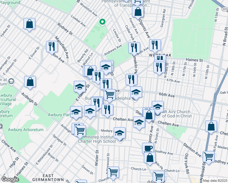 map of restaurants, bars, coffee shops, grocery stores, and more near 2110 66th Avenue in Philadelphia
