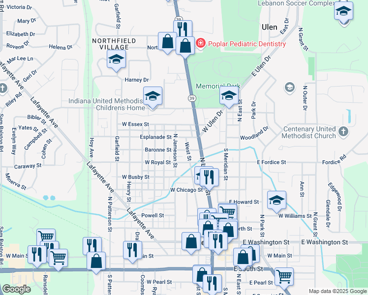 map of restaurants, bars, coffee shops, grocery stores, and more near 823 North Jameson Street in Lebanon