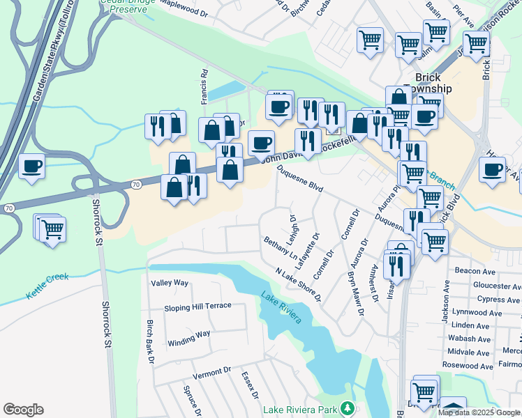 map of restaurants, bars, coffee shops, grocery stores, and more near 600 North Lake Shore Drive in Brick Township