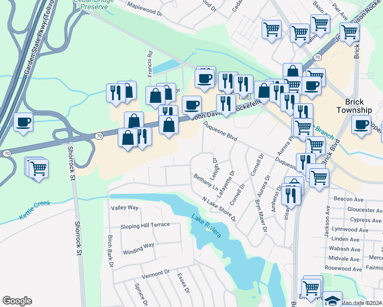 map of restaurants, bars, coffee shops, grocery stores, and more near 600 North Lake Shore Drive in Brick Township