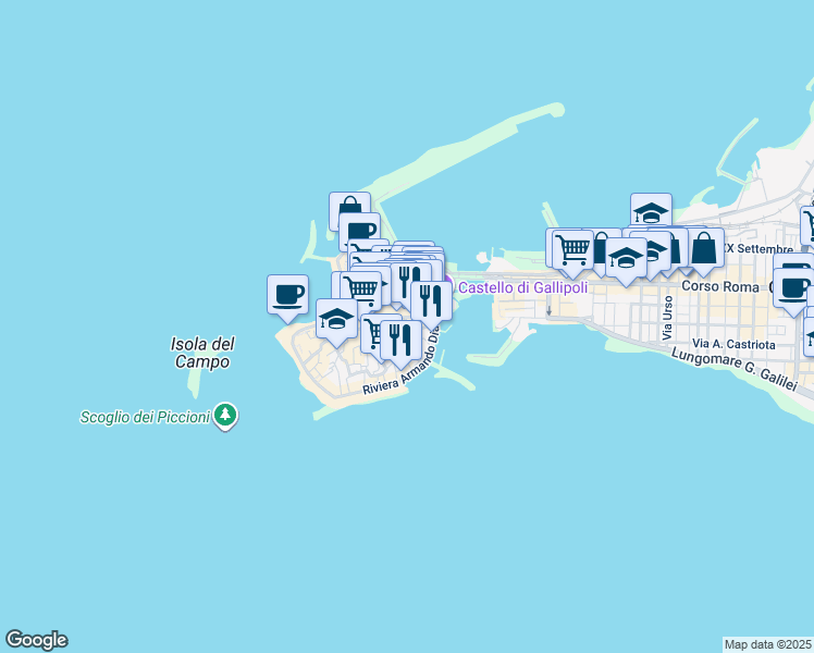 map of restaurants, bars, coffee shops, grocery stores, and more near 10 Piazza della Repubblica in Gallipoli