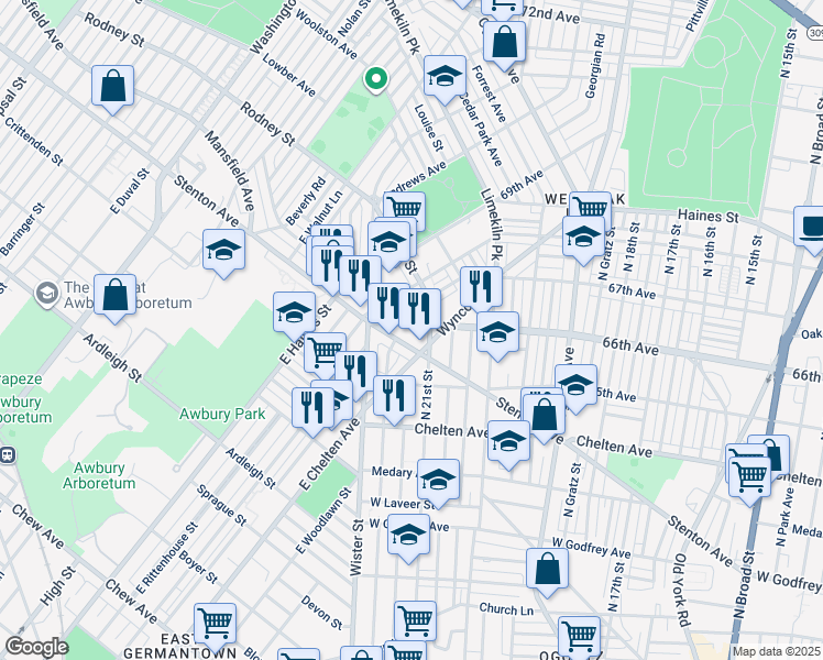 map of restaurants, bars, coffee shops, grocery stores, and more near 2120 66th Avenue in Philadelphia