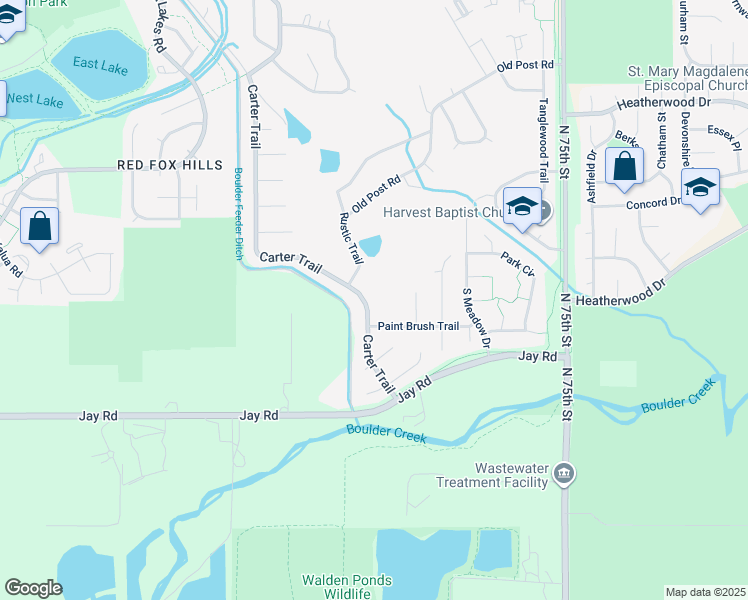map of restaurants, bars, coffee shops, grocery stores, and more near 7195 Paint Brush Trail in Boulder
