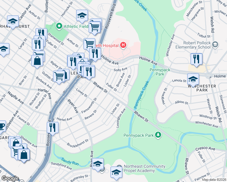 map of restaurants, bars, coffee shops, grocery stores, and more near 2811 Rhawn Street in Philadelphia