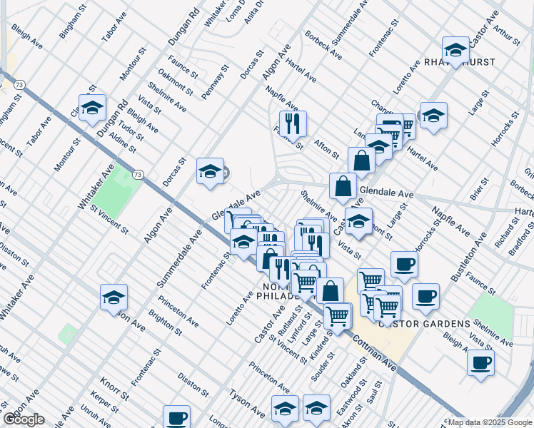 map of restaurants, bars, coffee shops, grocery stores, and more near 7349 Shisler Street in Philadelphia