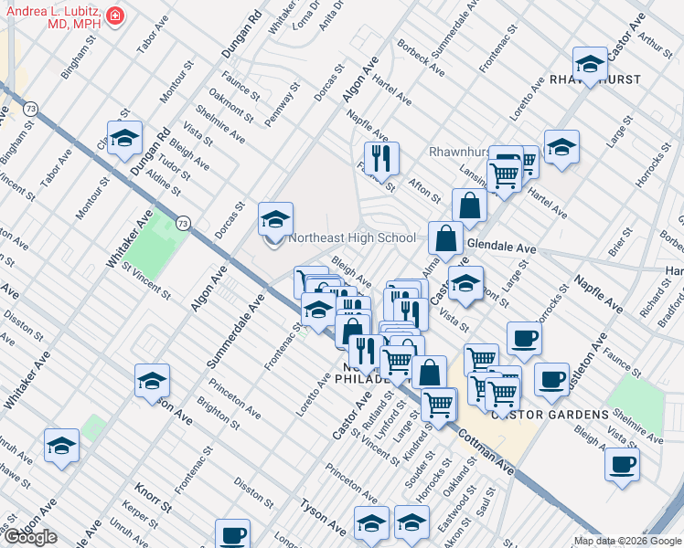 map of restaurants, bars, coffee shops, grocery stores, and more near 7349 Shisler Street in Philadelphia