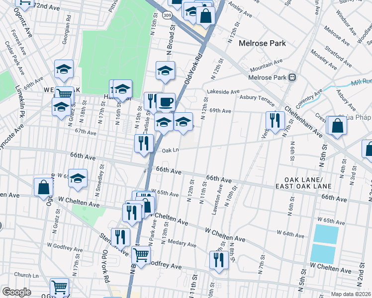 map of restaurants, bars, coffee shops, grocery stores, and more near 6612 North 12th Street in Philadelphia