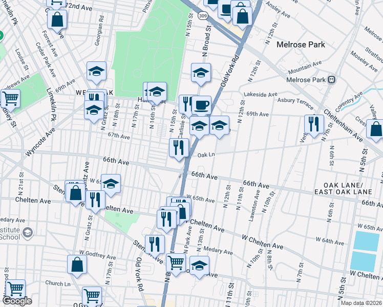 map of restaurants, bars, coffee shops, grocery stores, and more near 6633 Pennsylvania 611 in Philadelphia