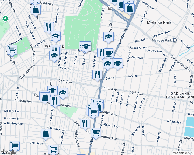 map of restaurants, bars, coffee shops, grocery stores, and more near 1499 66th Avenue in Philadelphia
