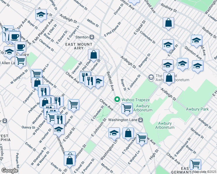 map of restaurants, bars, coffee shops, grocery stores, and more near 398 East Upsal Street in Philadelphia