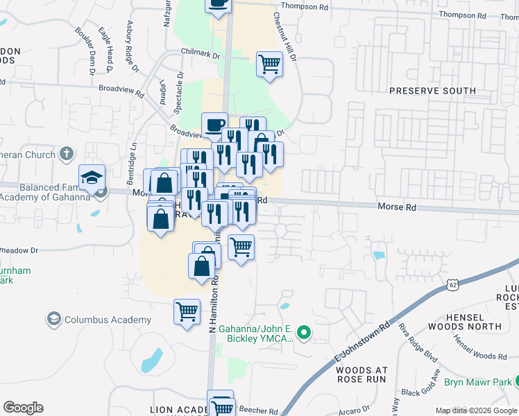 map of restaurants, bars, coffee shops, grocery stores, and more near 1378 Morse Road in Gahanna