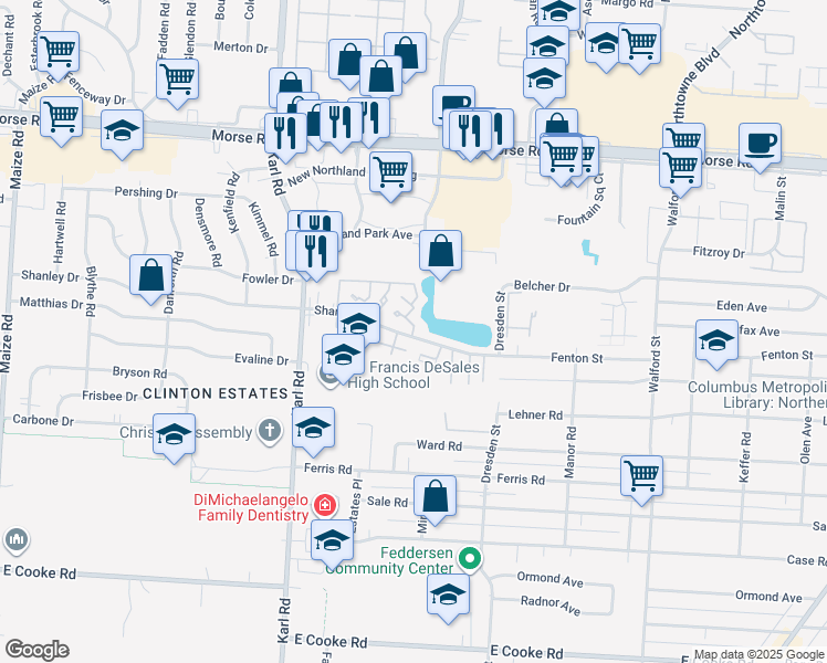 map of restaurants, bars, coffee shops, grocery stores, and more near 1691 Shanley Drive in Columbus