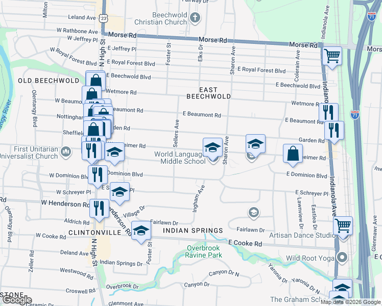 map of restaurants, bars, coffee shops, grocery stores, and more near 315 East Weisheimer Road in Columbus