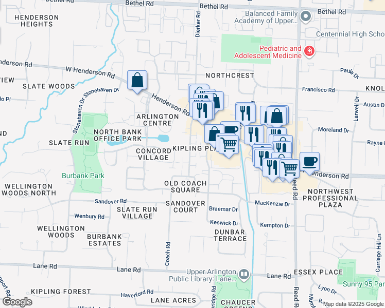map of restaurants, bars, coffee shops, grocery stores, and more near 4829 Dierker Road in Columbus