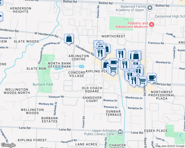 map of restaurants, bars, coffee shops, grocery stores, and more near 4829 Dierker Road in Columbus