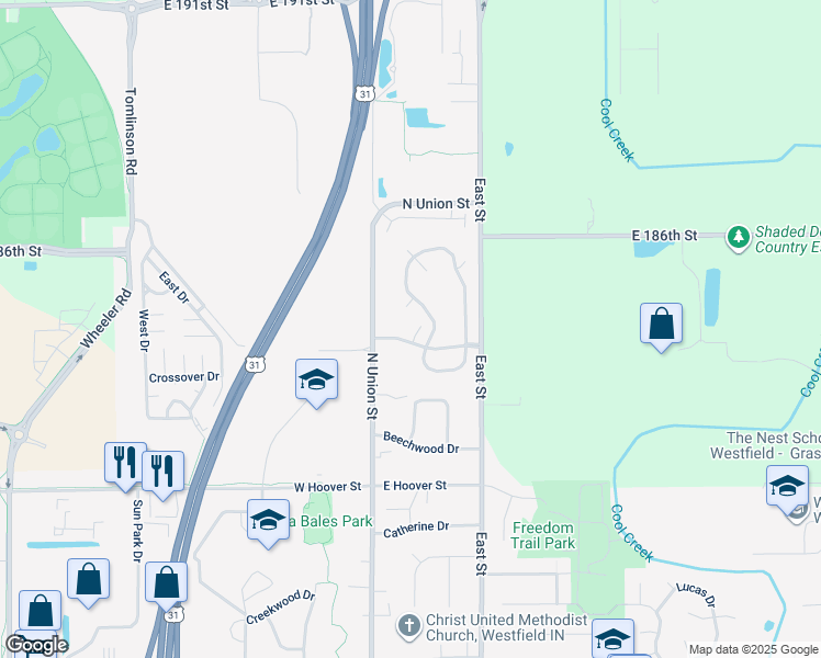 map of restaurants, bars, coffee shops, grocery stores, and more near 18408 Harvest Meadows Drive West in Westfield