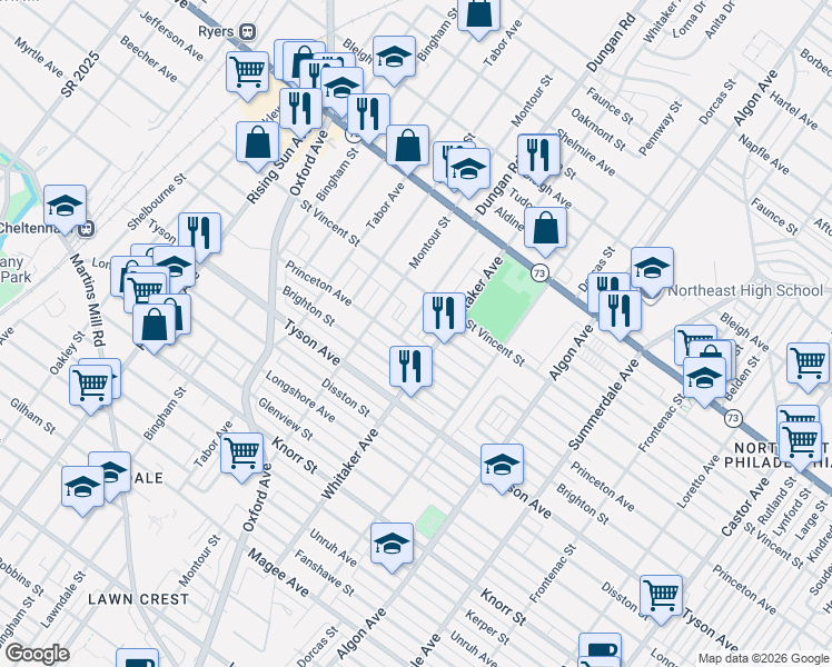 map of restaurants, bars, coffee shops, grocery stores, and more near 7110 Whitaker Avenue in Philadelphia
