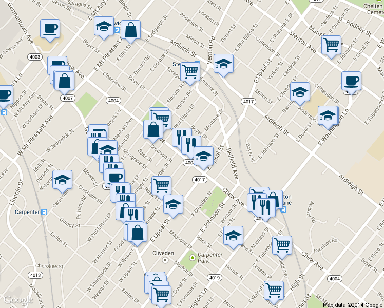 map of restaurants, bars, coffee shops, grocery stores, and more near 314 East Montana Street in Philadelphia