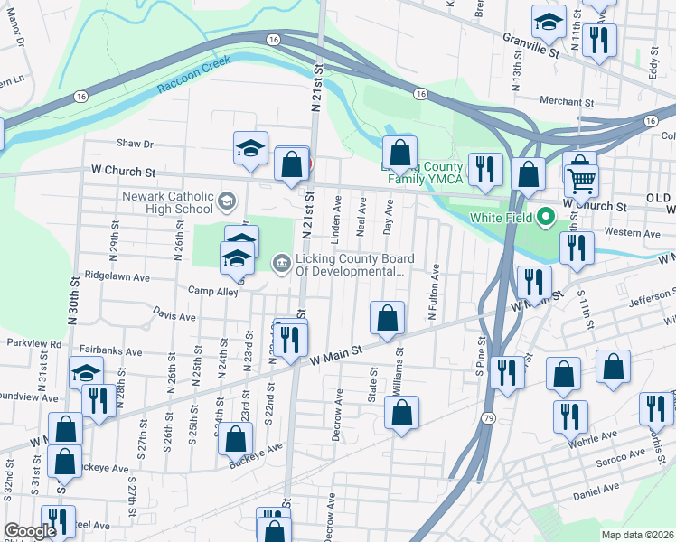 map of restaurants, bars, coffee shops, grocery stores, and more near 105 Neal Avenue in Newark