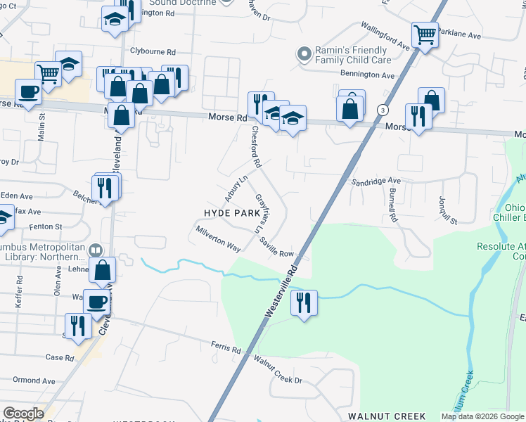 map of restaurants, bars, coffee shops, grocery stores, and more near 4144 Grayfriars Lane in Columbus